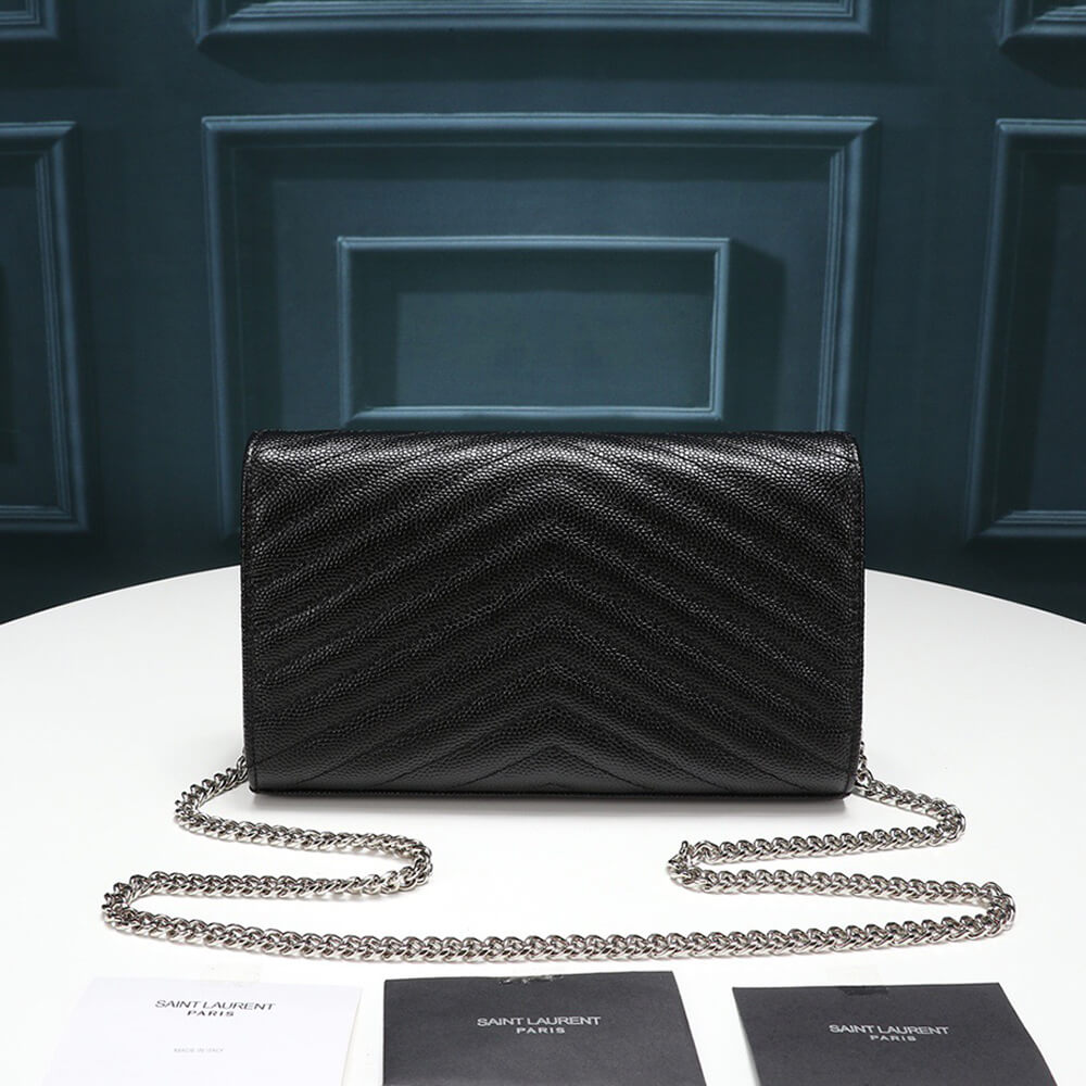 Saint Laurent Chain-strap YSL-plaque grained-leather wallet