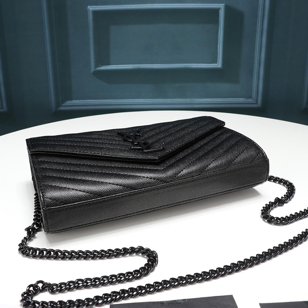 Saint Laurent Chain-strap YSL-plaque grained-leather wallet