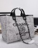 CHANEL Woven Straw Raffia Striped Medium Deauville Tote